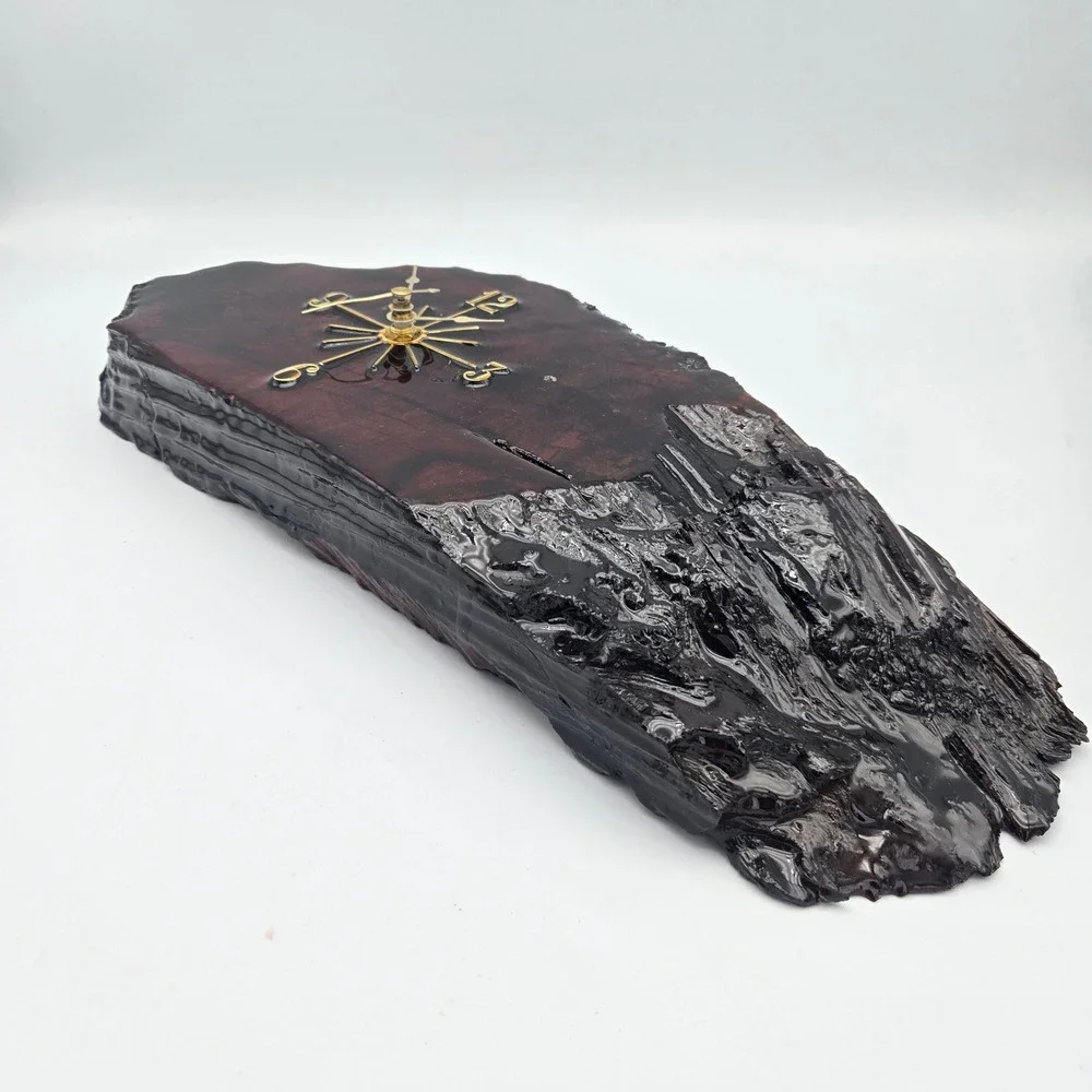 Vintage Lacquered Live Edge Wood Slab Wall Clock Dark MCM Brutalist Needs Repair